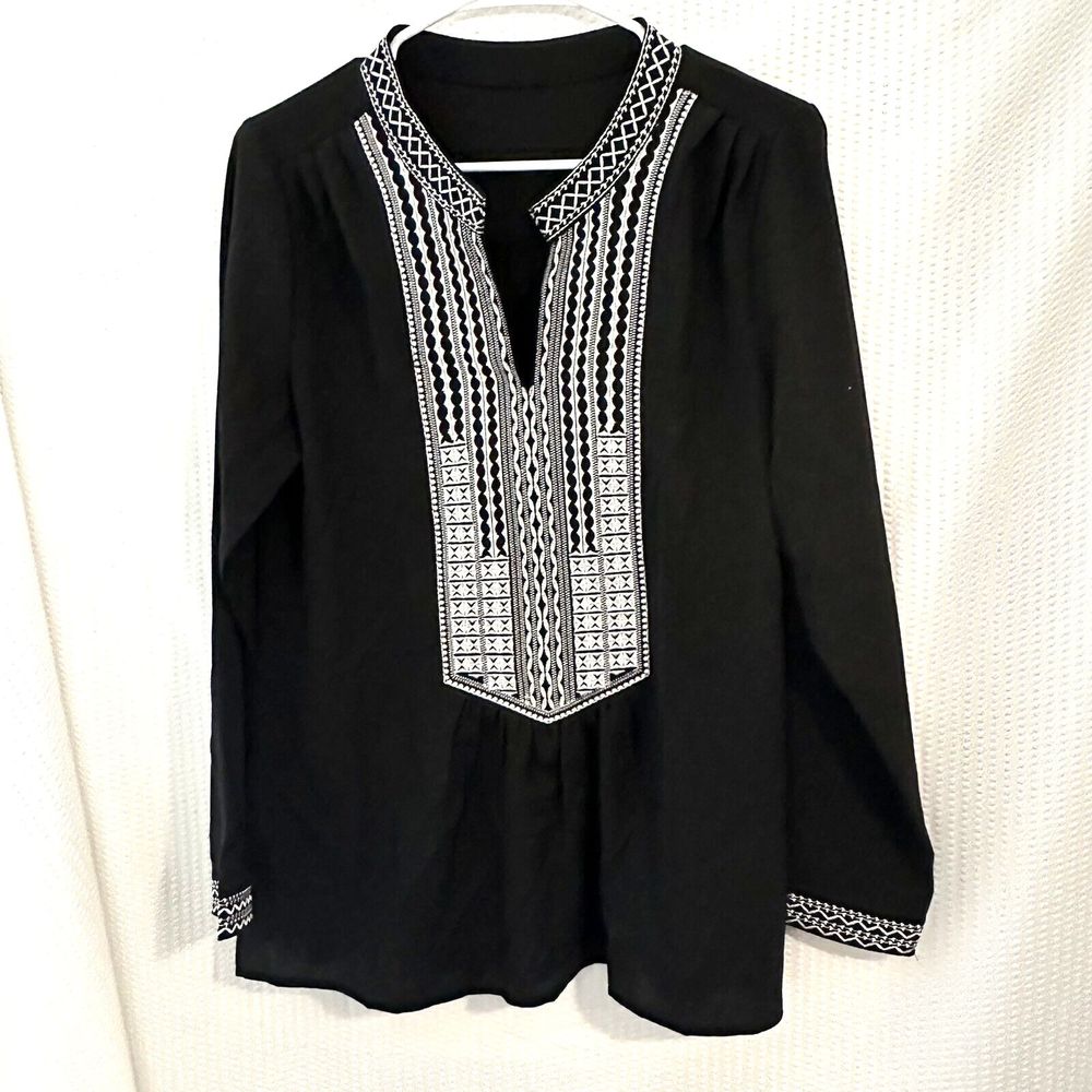 Womens Black Peasant Boho Embroidered Top Dressy Size M